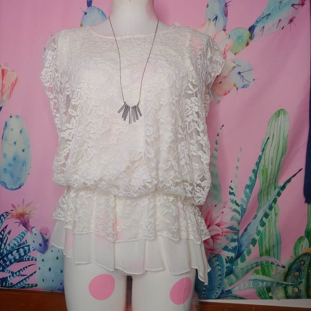 NEW poof! • Feminine Coquette White Ivory Drop Waist Lace Tank Top Large Boho